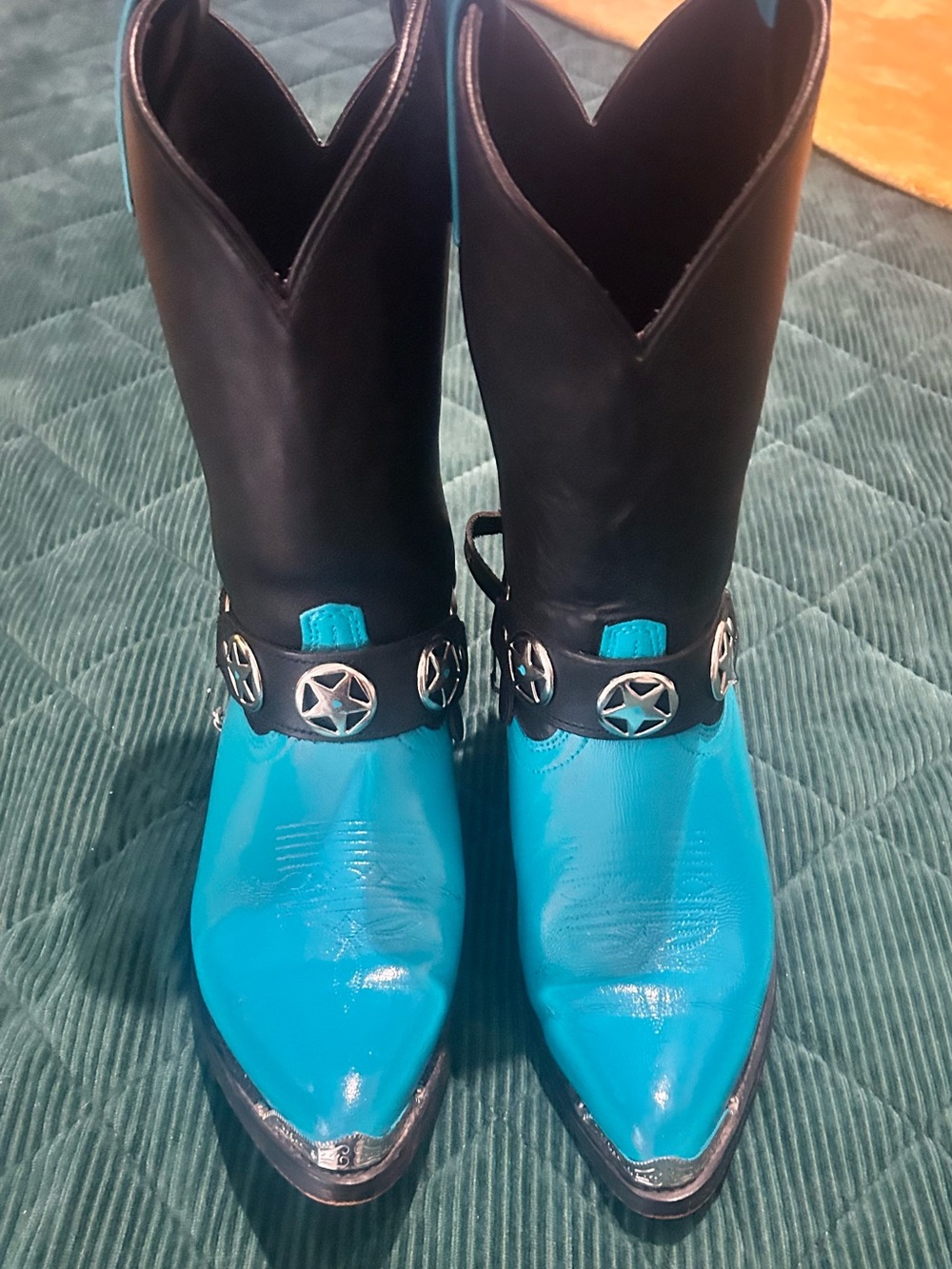 Men's Two-Tone Black and Turquoise Western Ankle Boots with Star Concho Strap